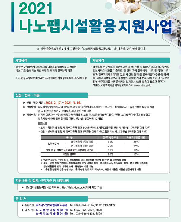 [한국연구재단] 2021년도『나노팹시설활용지원사업』공고 | 의과학연구처ㅣ의료원산학협력단